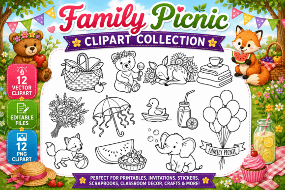 Download Family Picnic Digital Coloring Clipart - Family picnic Collection