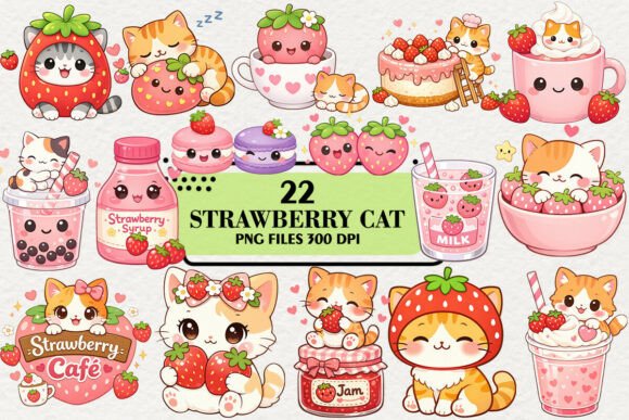 Download Kawaii Strawberry Cat Clipart Bundle - Raw Collection